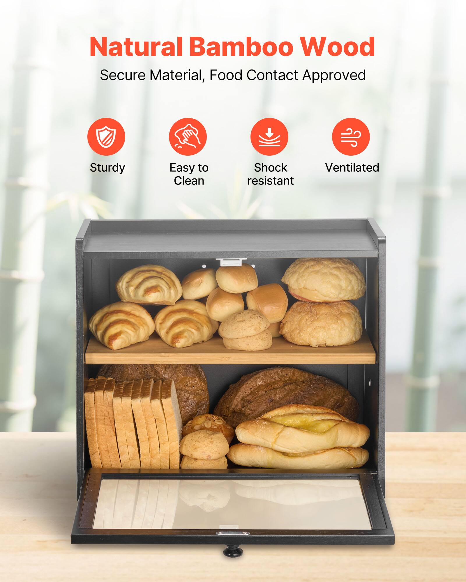 Natural Bamboo Wood

Secure Material, Food Contact Approved

Sturdy

Easy to Clean

Shock Resistant

Ventilated