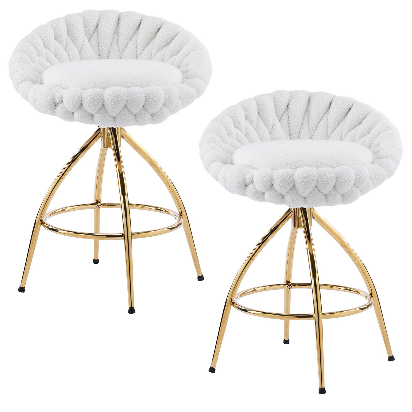 Angle. SlickBlue - 2pcs Teddy Velvet Swivel Bar Stools – Woven Style with Gold-Plated Iron Legs - White.