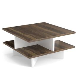 Pefilos - 2-Tier Square Coffee Table, 4 Built-in Storage Compartments, Cross Support Base, Walnut & White - Brown