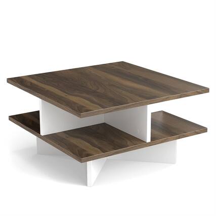 Front. Pefilos - 2-Tier Square Coffee Table, 4 Built-in Storage Compartments, Cross Support Base, Walnut & White - Brown.