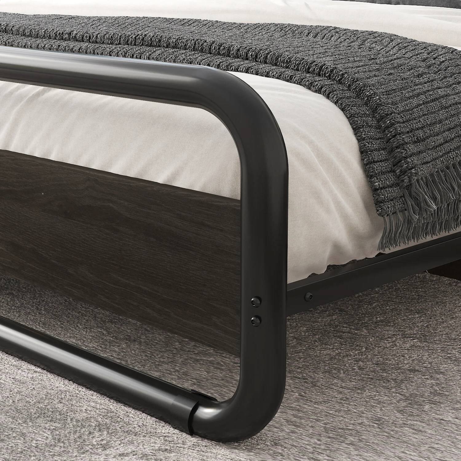 Left. Hivvago - Hivvago Queen Heavy Duty Round Metal Frame Platform Bed with Wood Panel Headboard - Black.