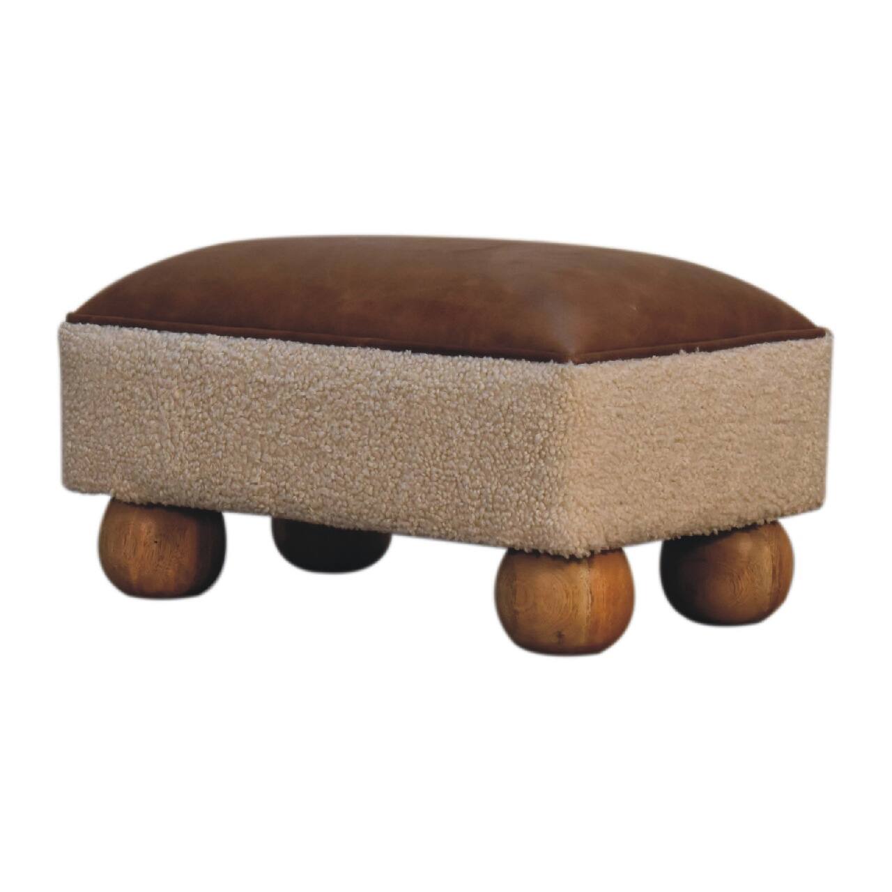 Angle. Artisan Furniture - Artisan Furniture Solid Wood Vintage Leather Boucle Ball Footstool - Brown.