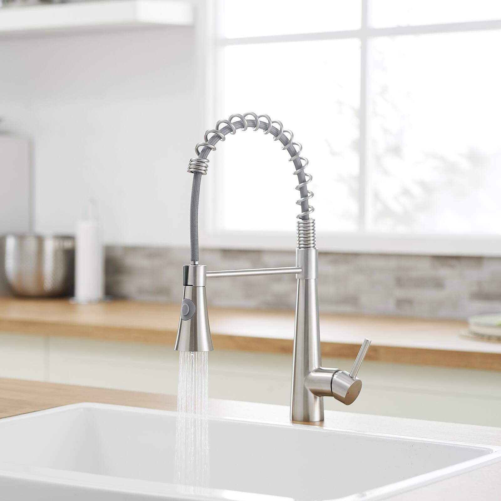 Alt View 2. Siljoy - Commercial Brushed Nickel Kitchen Faucet with Pull out Sprayer, Single Handle Single Lever Kitchen Sink Faucet - Brushed Nickel.