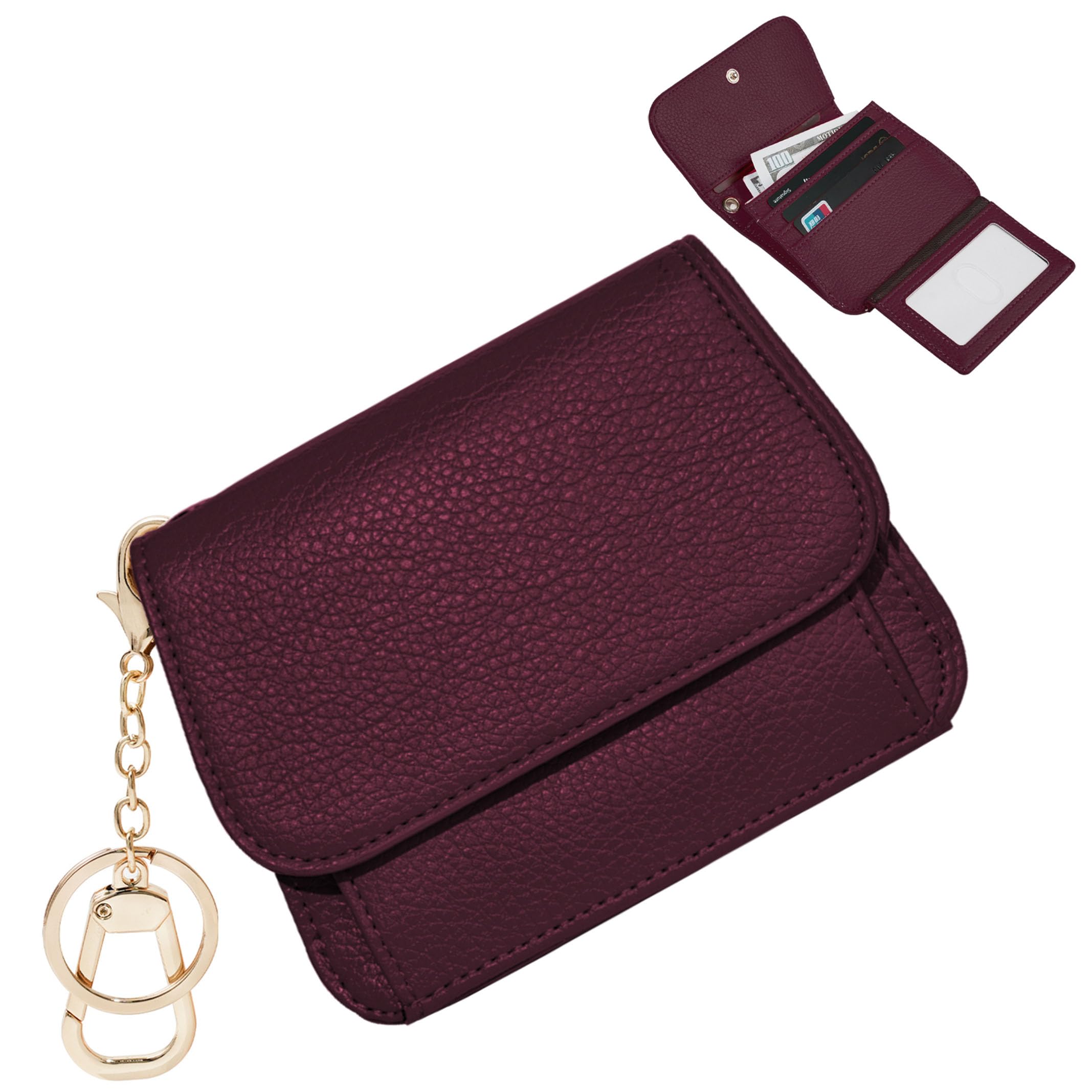 Front. Jadie Link - Small Rfid Wallet Women Slim Keychain Tri-fold Credit Card Holder Zipper Pocket Window Mini Travel Gift black Premium - Burgundy.
