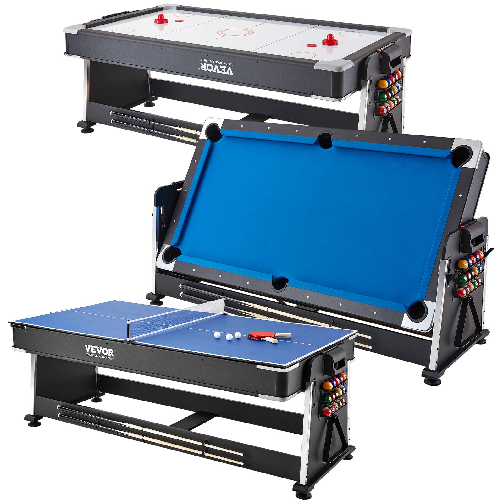 VEVOR - 3-in-1 Rotating Swivel Multi Game Table with Air Hockey, Billiards/Pool, and Table Tennis, 88" Hockey