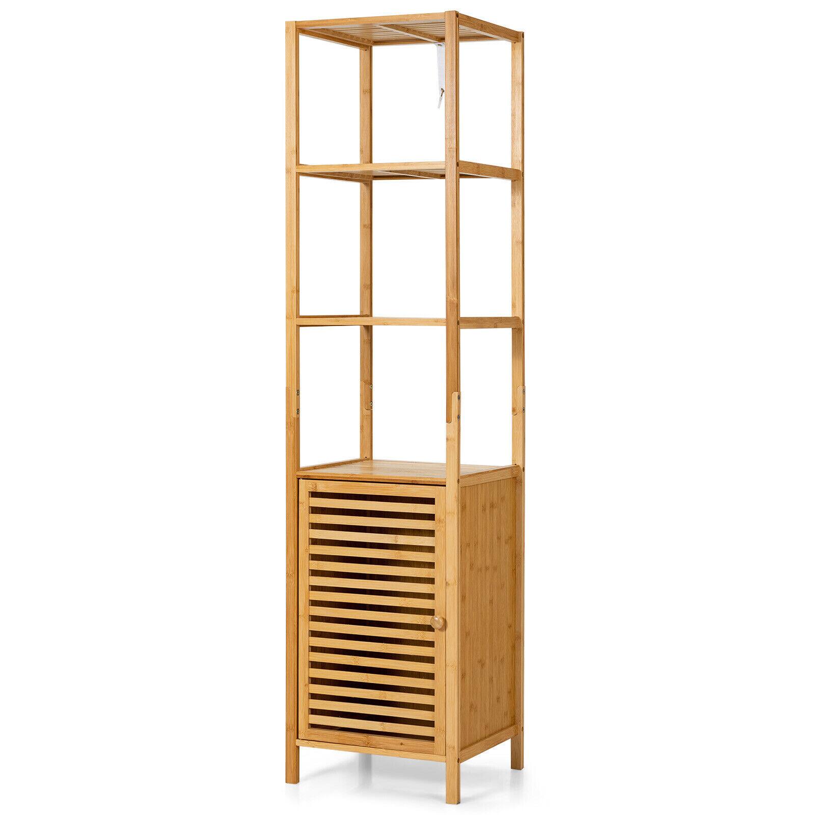 Ecooso - 4 Tiers Slim Bamboo Floor Storage Cabinet with Shutter Door and Anti-Toppling Device - Natural