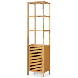 Ecooso - 4-Tier Slim Bamboo Bathroom Storage Cabinet with Shutter Door and Anti-Tip Device - Natural