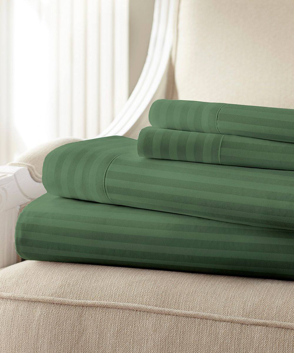 Left. Plazatex - 1800 Series Embossed Striped Wrinkle Resistant Sheet 4pc Set Full - Dark Green - Dark Green.