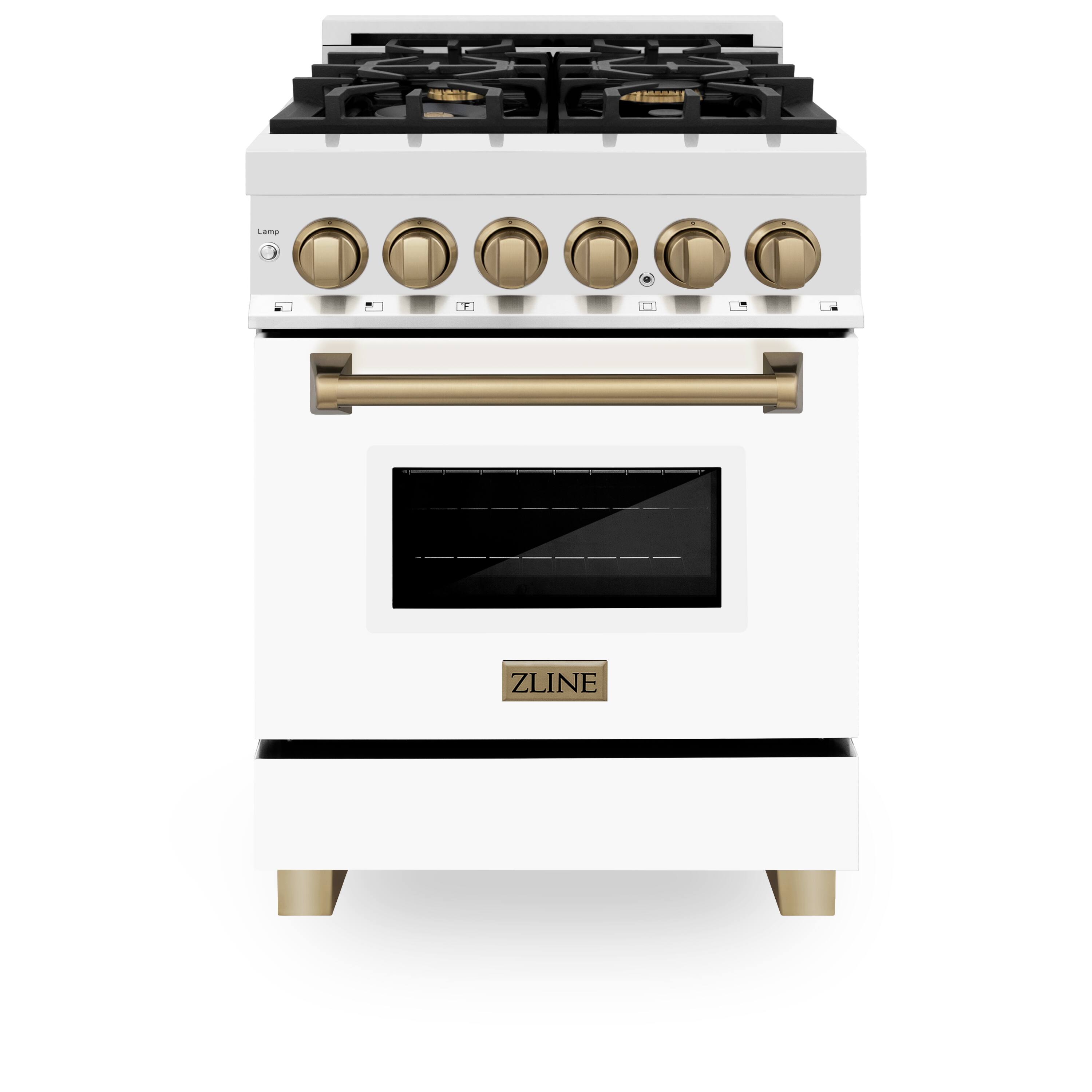 Front. ZLINE - Autograph 24" Legacy Dual Fuel Range w/ 4 Burners & White & Bronze Accents (RAZ-WM-24-CB).