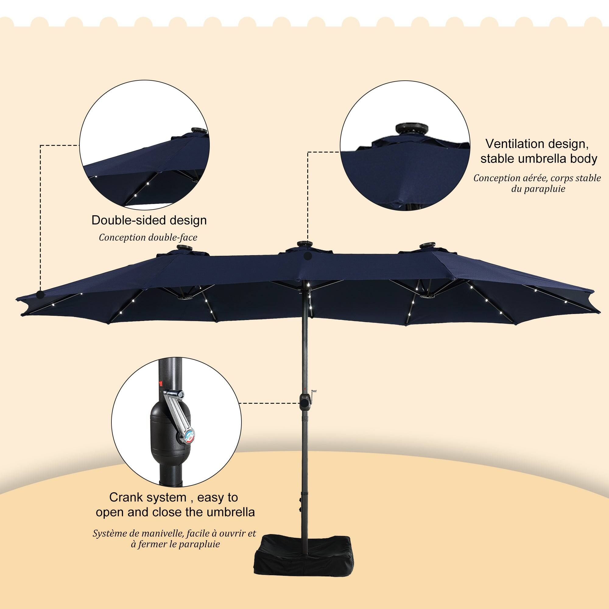 Ventilation design, stable umbrella body  
Conception aérée, corps stable du parapluie  

Double-sided design  
Conception double-face  

Crank system, easy to open and close the umbrella  
Système de manivelle, facile à ouvrir et fermer le parapluie
