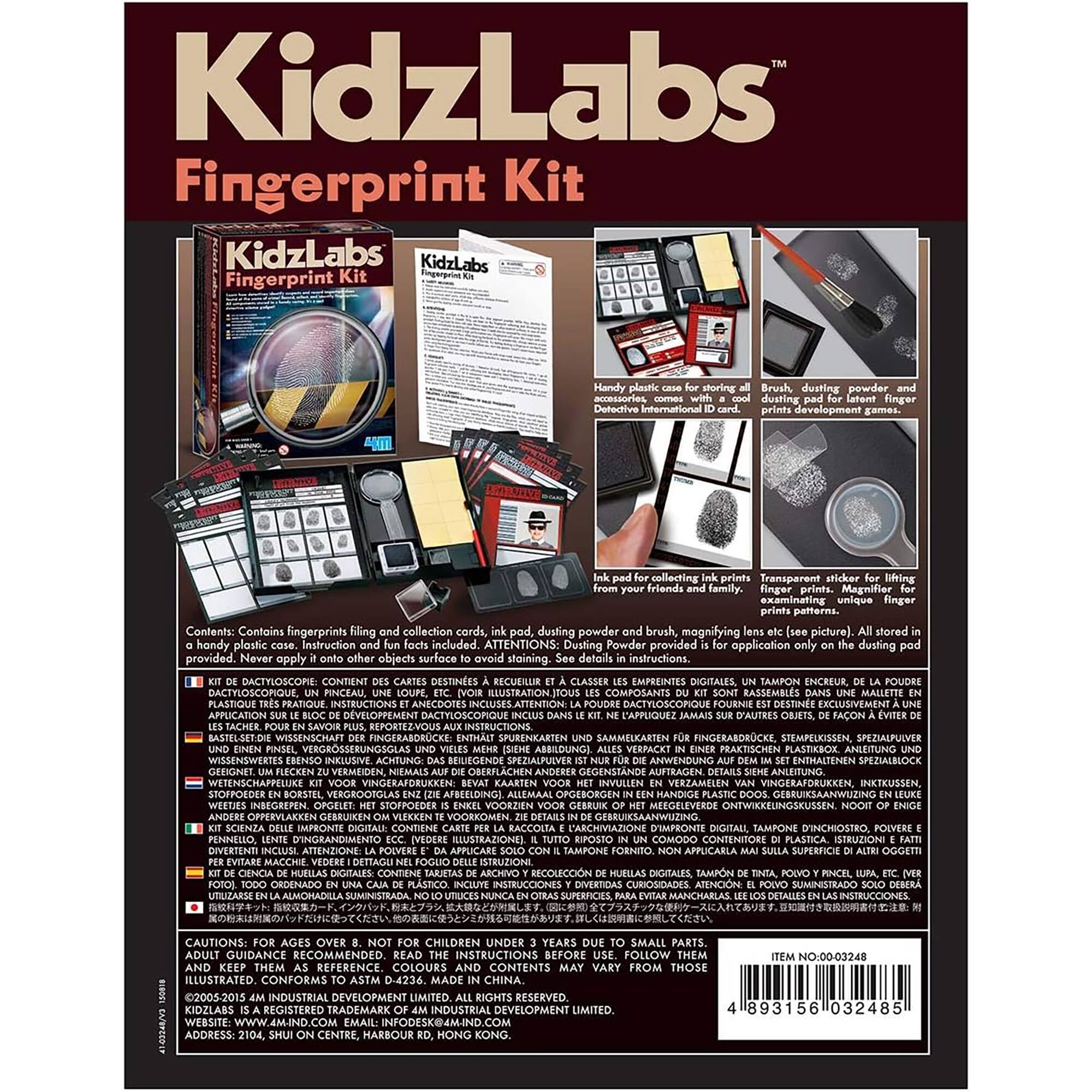 KidzLabs Fingerprint Kit

KidzLabs Fingerprint Kit

Storing accessories

Detortive International dusting powder

Dusting development collecting

Transparent lifting

Family

Magnifier examining unique finger patterns

Contents: Contains fingerprints filing collection cards, dusting powder brush, magnifying glass (picture). Stored in handy plastic case. Instructions included

ATTENTION: Dusting Powder provided for application only. Apply to objects surface. Staining. Instructions

DACTYLOSCOPE CONTIENT DESTINÉS RECUEILUIR CLASSER EMPREINTES DIGITALES INCREUR, DACTYLOSCOPIQUE INCEAU ILUSTRATION COMPOSANTS RASSEMBLES PLASTIQUE PRATIQUE INSTRUCTIONS ANECOOTES INCLUSE

LATTENTION DACTYLOSCOPIQUE DESTINÉ EXCLUSIVEMENT APPLICATION DEVELOPPEMENT DACTYLOSCOPIQUE APPLIQUEZ REPORTEZ-VOUS INSTRUCTIONS

BASTELSETO WISSENSCHAFT FINGERABDRUCKE SPUBENKARTEN SAMMELKARTEN FINGERABDRUCKE STEMPELKISSEN, SPEDIALPULVER VERGRÖSSERUNGS