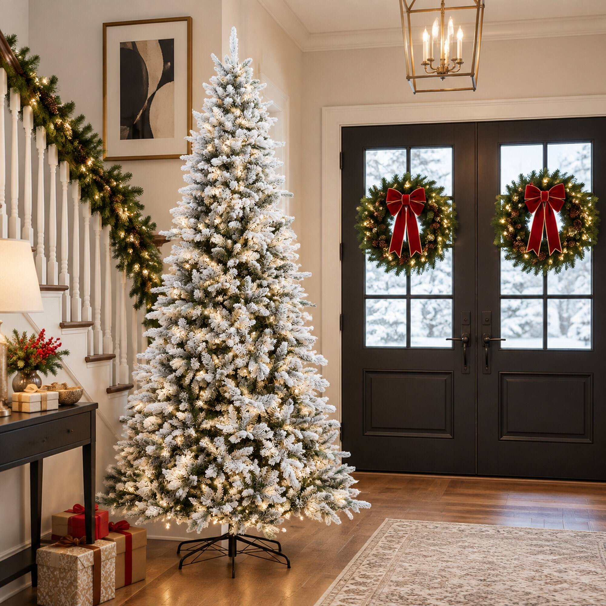 Alt View 2. RYHNUYNE - 9 Ft Snow Flocked Pine Green Artificial Christmas Tree With 616 Cedar Branches, Auto Open Hinged Holiday Home Decor - Green.