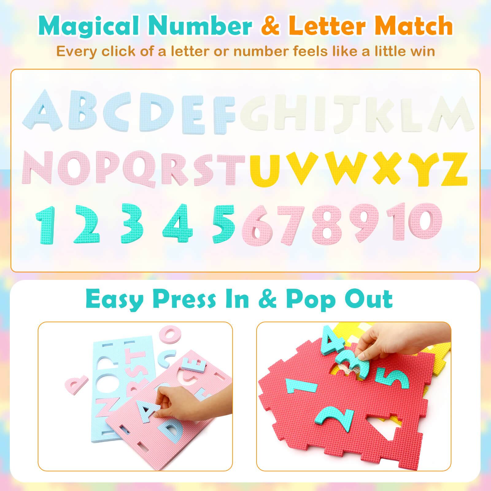 Magical Number & Letter Match  
Every click of a letter or number feels like a little win  

ABCDEFGHIJKLMNOPQRSTUVWXYZ  
12345678910  

Easy Press In & Pop Out