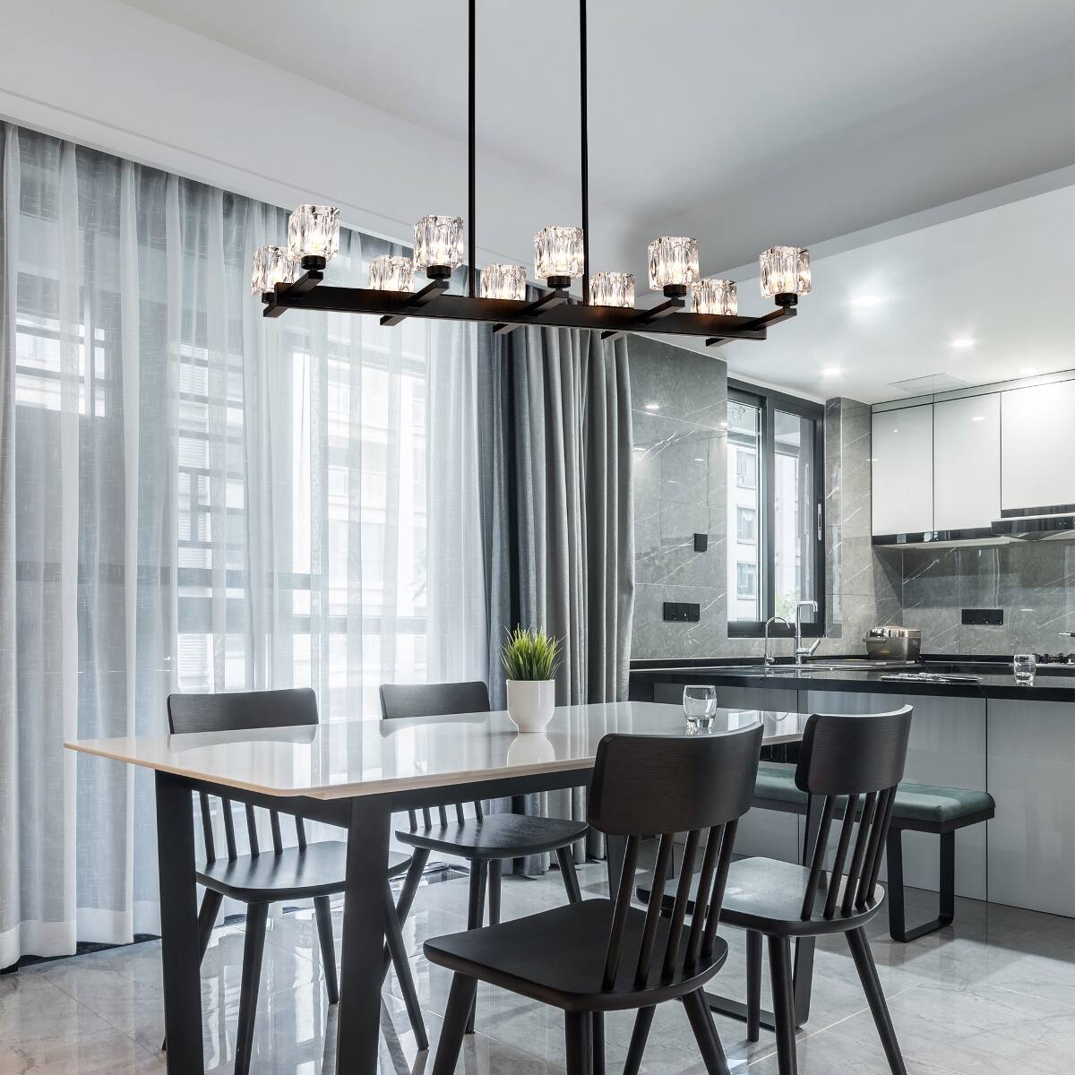 Left. Loheer - Loheer 10 Light Dining Room Chandelier Matte Black Linear Pendant Light With Crystal Shades.