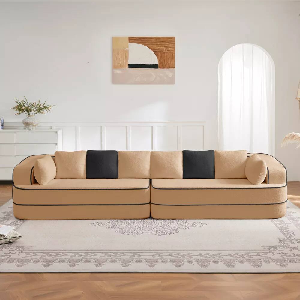 Angle. Aukfa - 135" Oversized 4 Seats Fluffy Comfy Couch Teddy Fabric Modular Sofa for Living Room - Camel.