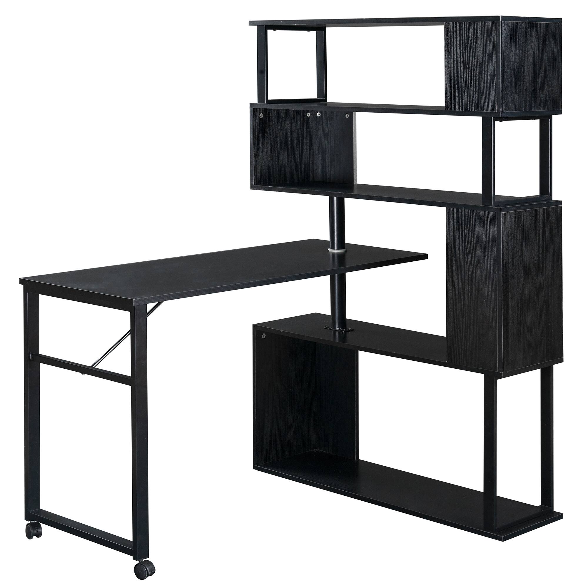 Alt View 9. Glintex - Home Office Computer Desk L-Shaped Corner Table, Rotating Computer Table with 5-Tier Bookshelf, Lockable Casters - Black.