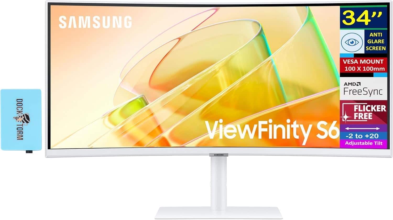 Samsung - ViewFinity 34" UWQHD Curved Monitor with HDR10, AMD FreeSync, Anti-Glare, VESA Mount, HDMI & DKZ Hub - White