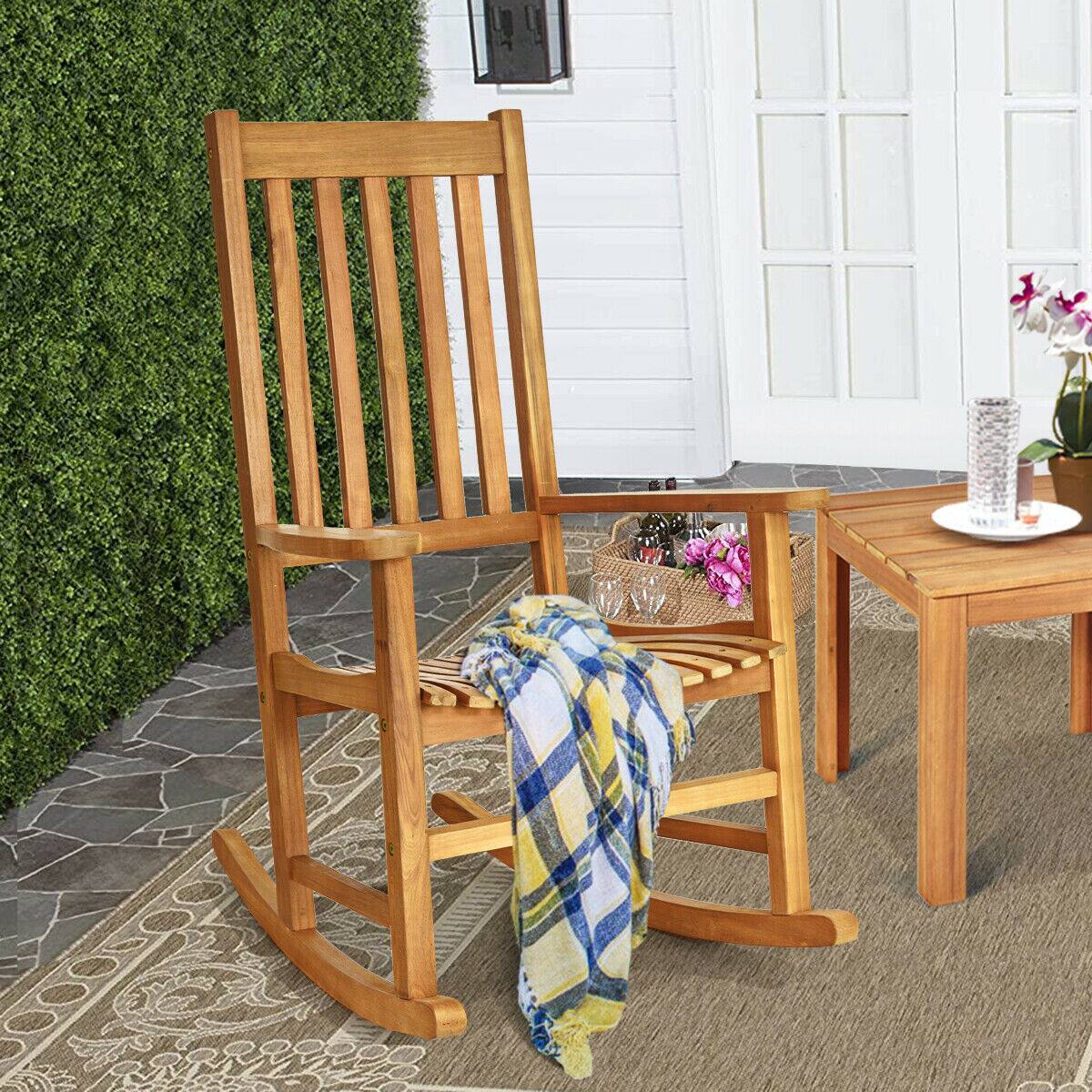 Alt View 5. Costway - Costway 2PCS Wood Rocking Chair Porch Rocker High Back Garden Seat Indoor Outdoor - Teak.