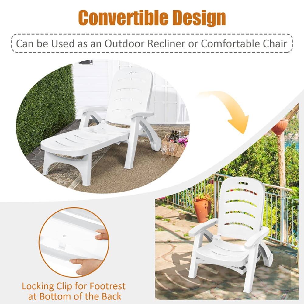 Convertible Design  
Can be Used as an Outdoor Recliner or Comfortable Chair  

Locking Clip for Footrest at Bottom of the Back