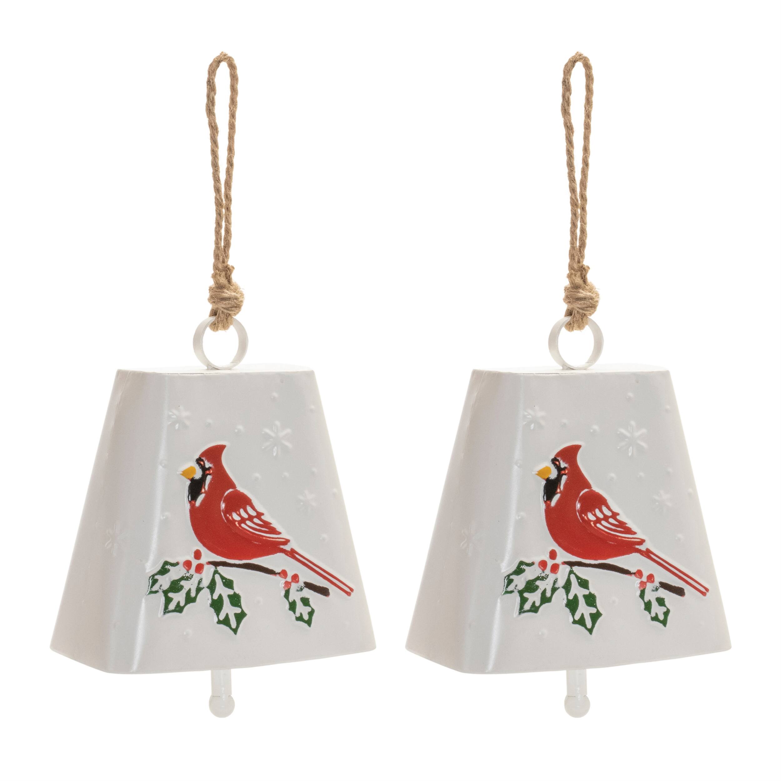 Angle. BreeBe - Metal Cardinal Bird Bell Ornament (Set of 2) - Red, White.