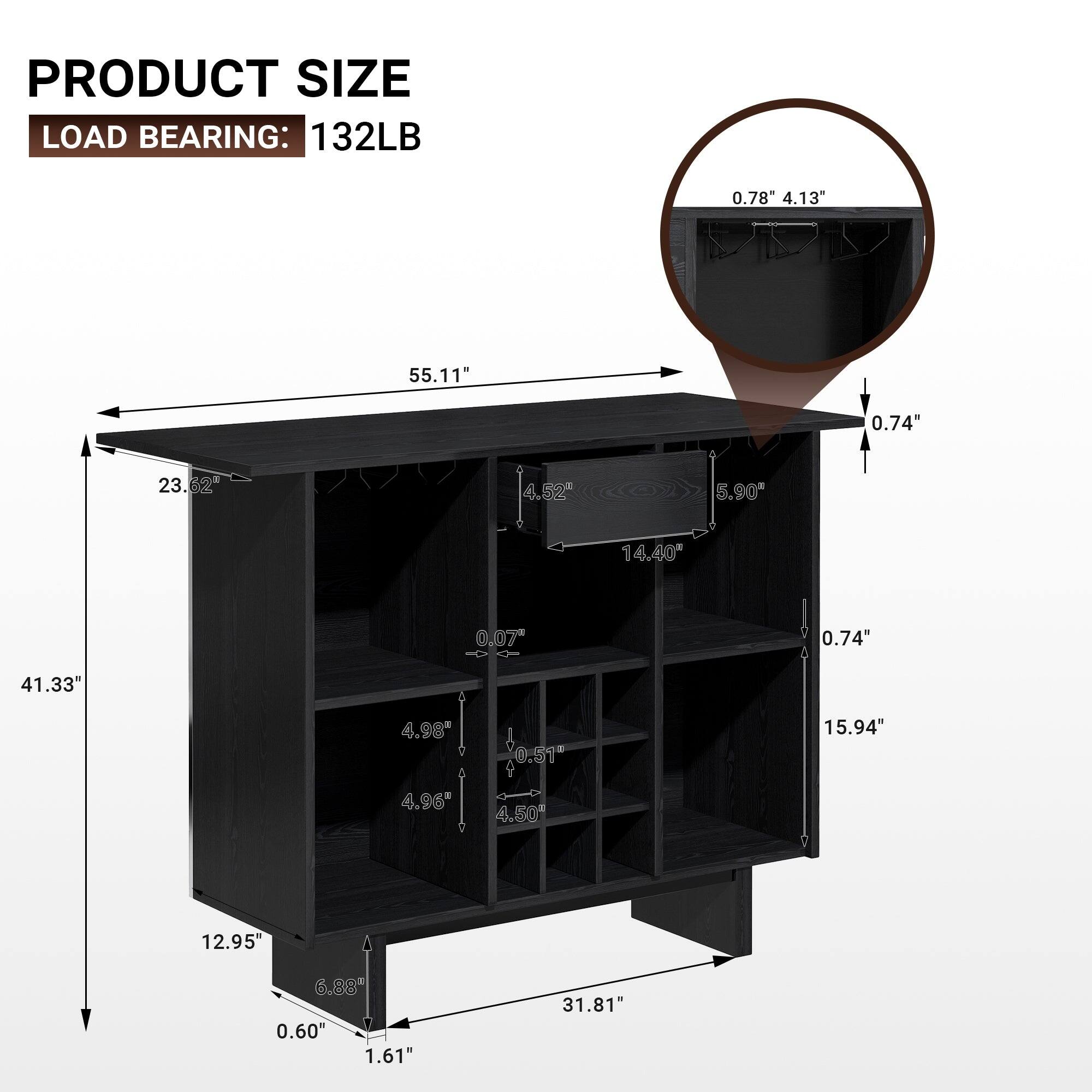 PRODUCT SIZE  
LOAD BEARING: 132LB  

- 0.78" x 4.13"  
- 55.11"  
- 0.74"  
- 23.62"  
- 4.13"  
- 5.90"  
- 14.40"  
- 0.07"  
- 0.74"  
- 41.33"  
- 4.98"  
- 4.96"  
- 0.51"  
- 4.80"  
- 15.94"  
- 12.95"  
- 6.88"  
- 0.60"  
- 1.61"  
- 31.81"