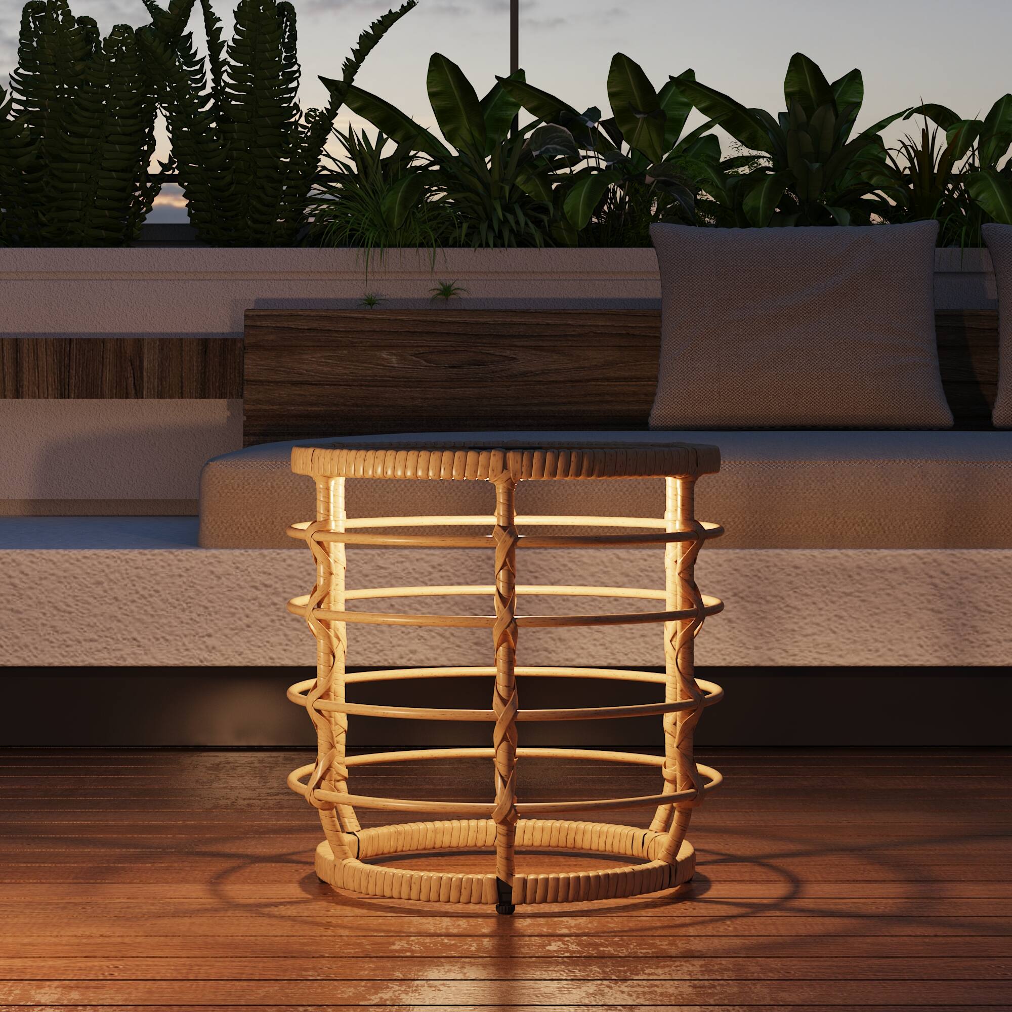 Back. FUFU&GAGA - Outdoor Rattan Solar Coffee Table Set with Glass Top and LED Light for Patio, Balcony, or Garden - Black & Wooden.