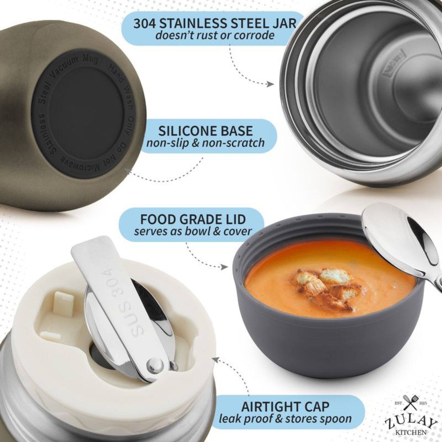 304 STAINLESS STEEL JAR doesn't rust or corrode, Mug Vacuum Hand Steel, SILICONE BASE non-slip & non-scratch, FOOD GRADE LID serves as bowl & cover, AIRTIGHT CAP leak proof & stores spoon, THE ZULAY KITCHEN 2015