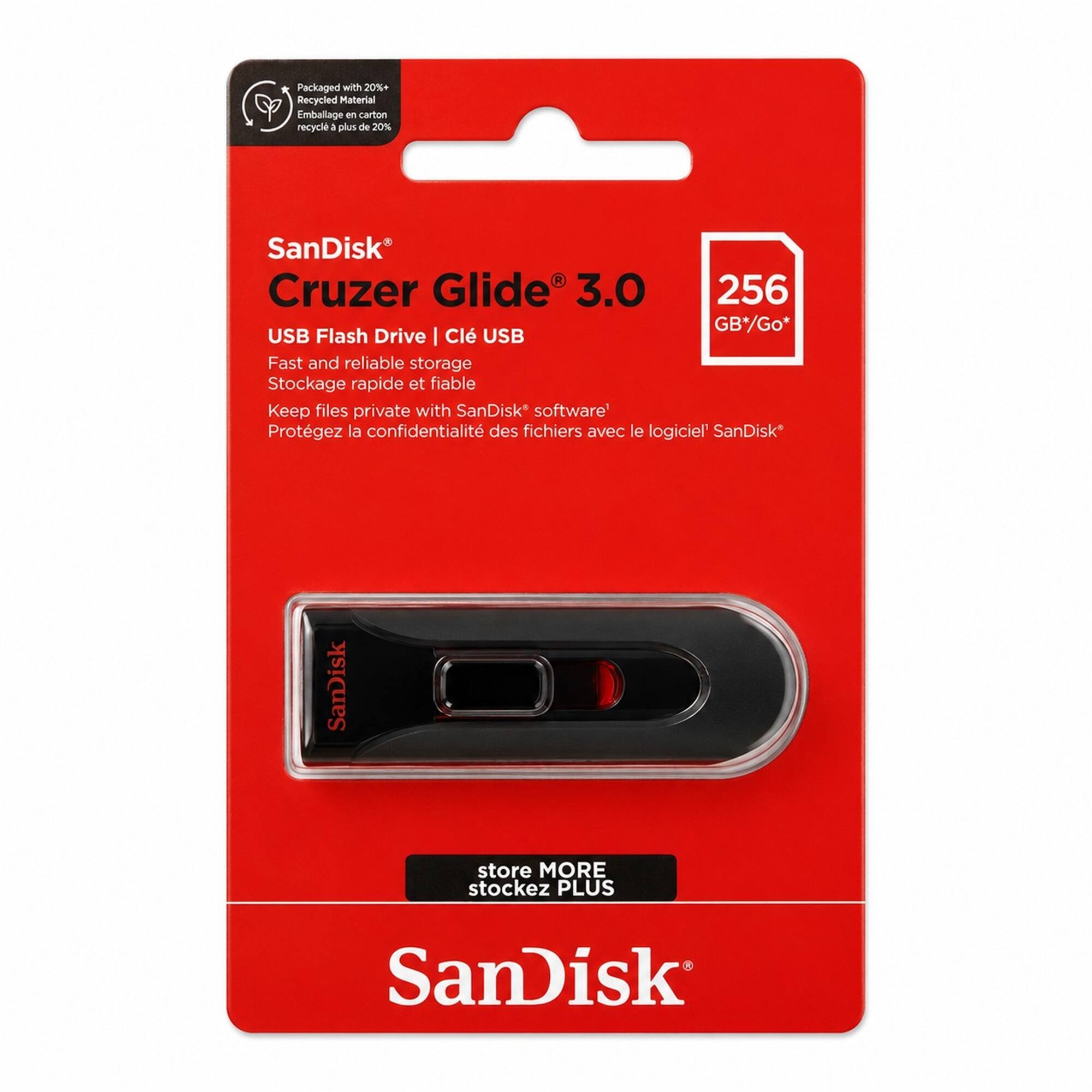 Packaged with 20%+ Recycled Material  
Emballage en carton recyclé à plus de 20%  

SanDisk Cruzer Glide 3.0  
USB Flash Drive | Clé USB  

Fast and reliable storage  
Stockage rapide et fiable  

Keep files private with SanDisk's software  
Protégez la confidentialité des fichiers avec le logiciel SanDisk  

SanDisk store MORE stockez PLUS
