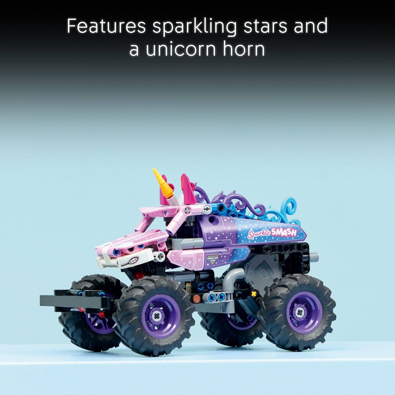 Features sparkling stars and a unicorn horn