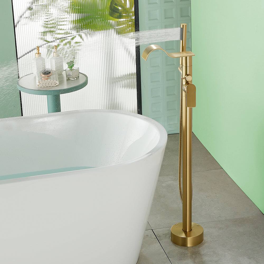 Alt View 2. Boyel Living - Brushed Gold Bathtub Faucet Dual Function 360 Degrees Rotatable 1.5m SUS304 Hose Independent Handles - Brushed Gold.