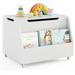 Gymax - Kids Toy Box Wooden Storage Chest Bench w/ Bookshelf Wheels Safety Hinge Lid - White