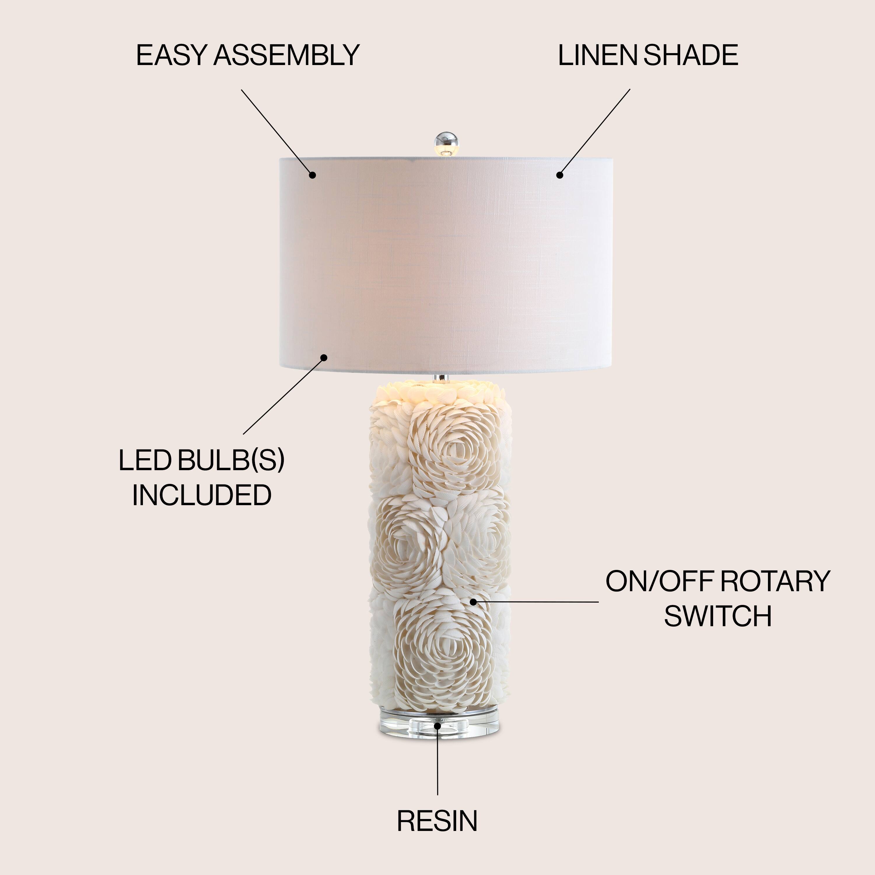 EASY ASSEMBLY  
LINEN SHADE  
LED BULB(S) INCLUDED  
ON/OFF ROTARY SWITCH  
RESIN