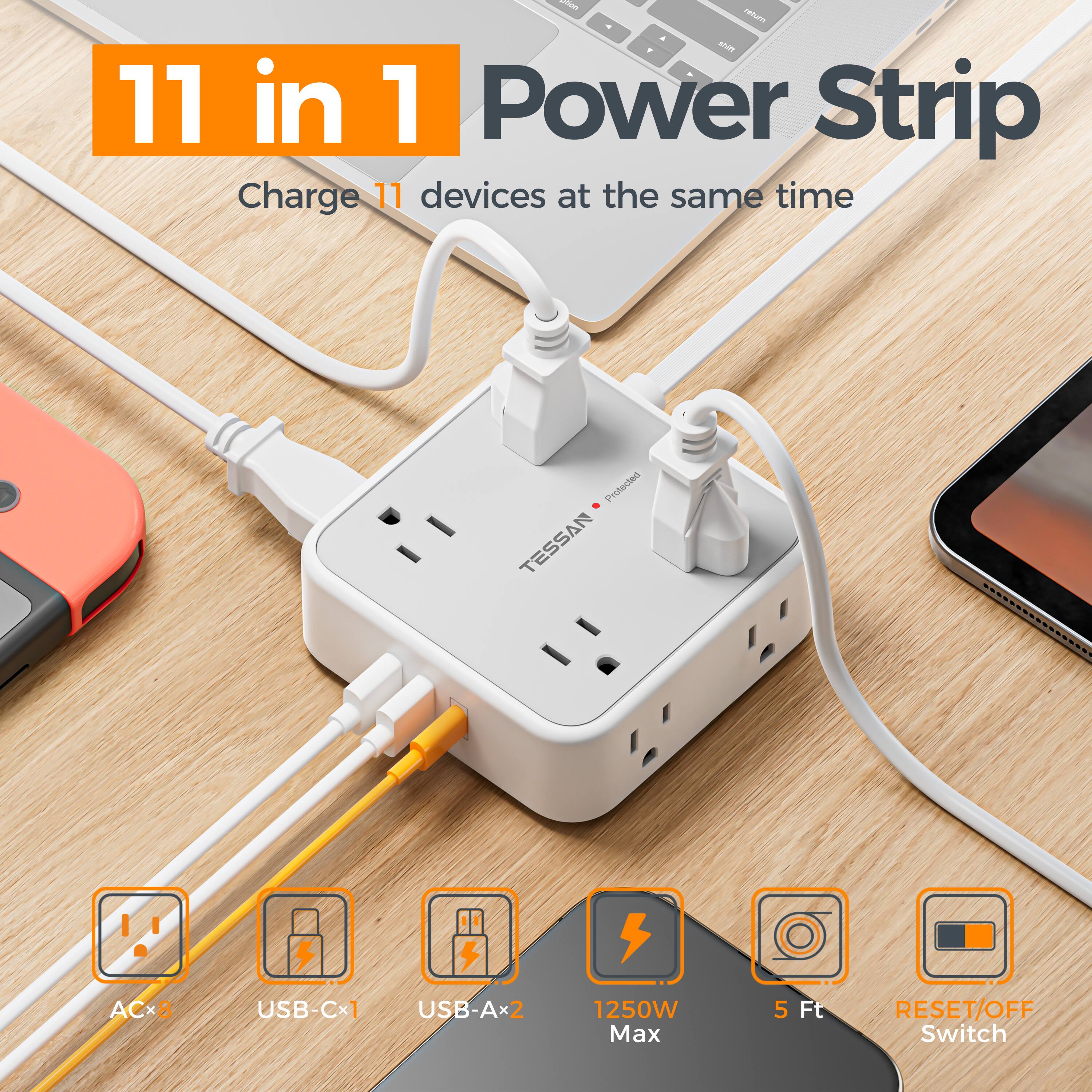 - 11 in 1 Power Strip
- Charge 11 devices at the same time
- Protected
- ACx8 USB-Cx1 USB-Ax2
- 1250W Max
- 5 Ft
- RESET/OFF Switch