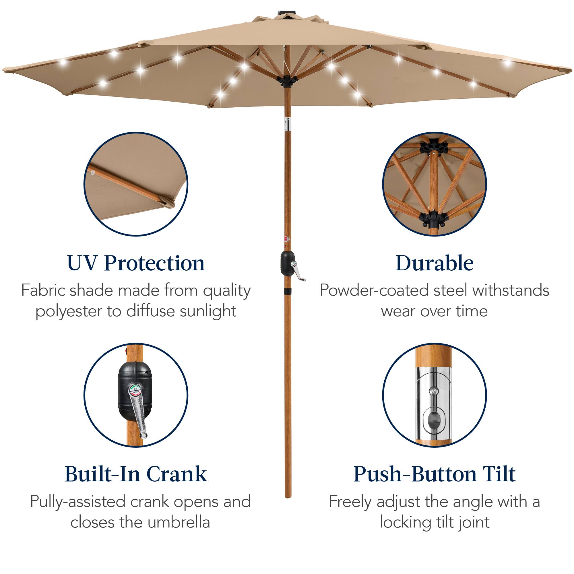 UV Protection: Fabric shade made from quality polyester to diffuse sunlight.

Durable: Powder-coated steel withstands wear over time.

Built-In Crank: Pulley-assisted crank opens and closes the umbrella.

Push-Button Tilt: Freely adjust the angle with a locking tilt joint.