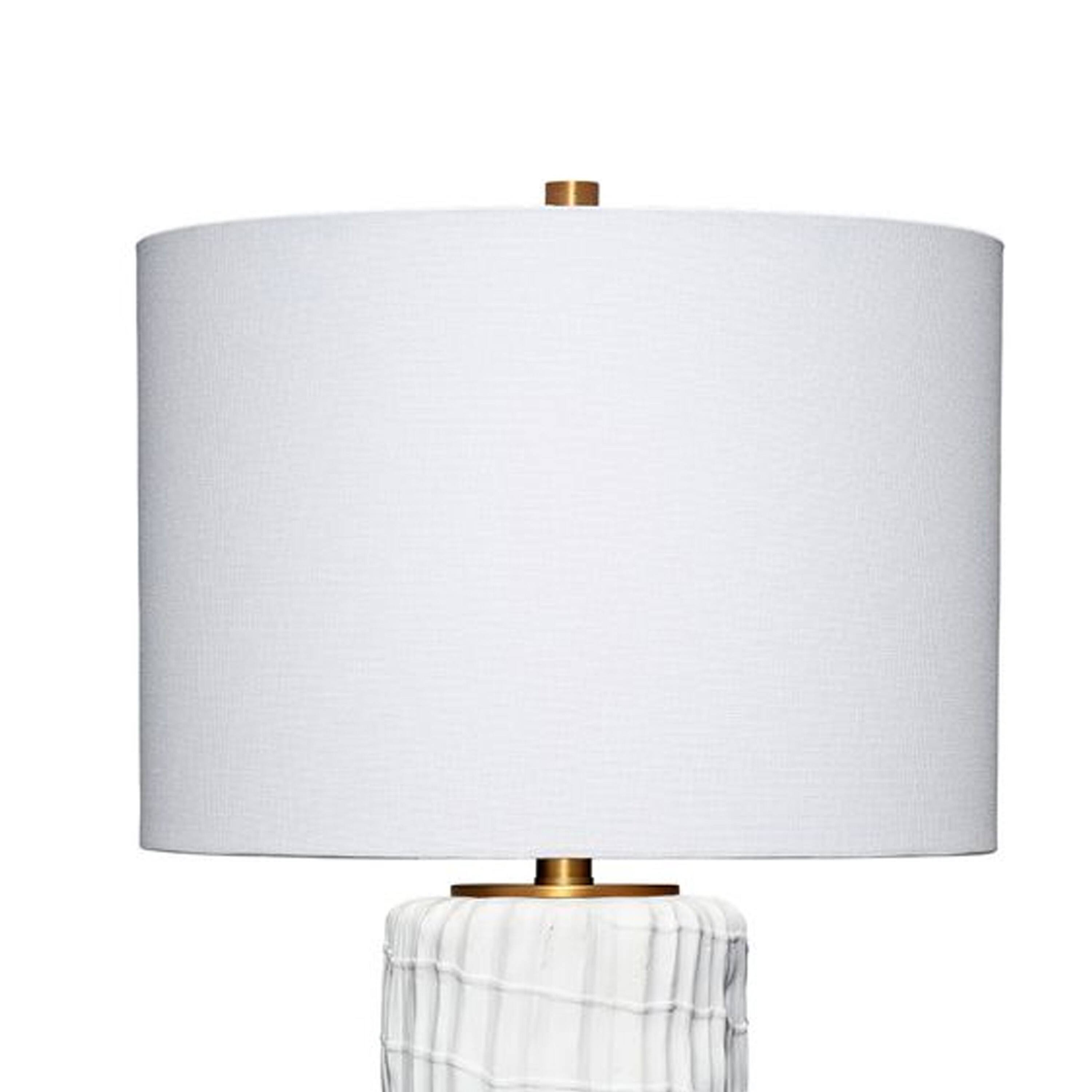 Back. Manhattan Lane - Mena 28 Inch Table Lamp, Round Drum Shade, Grid Pattern Base - White, Brass.