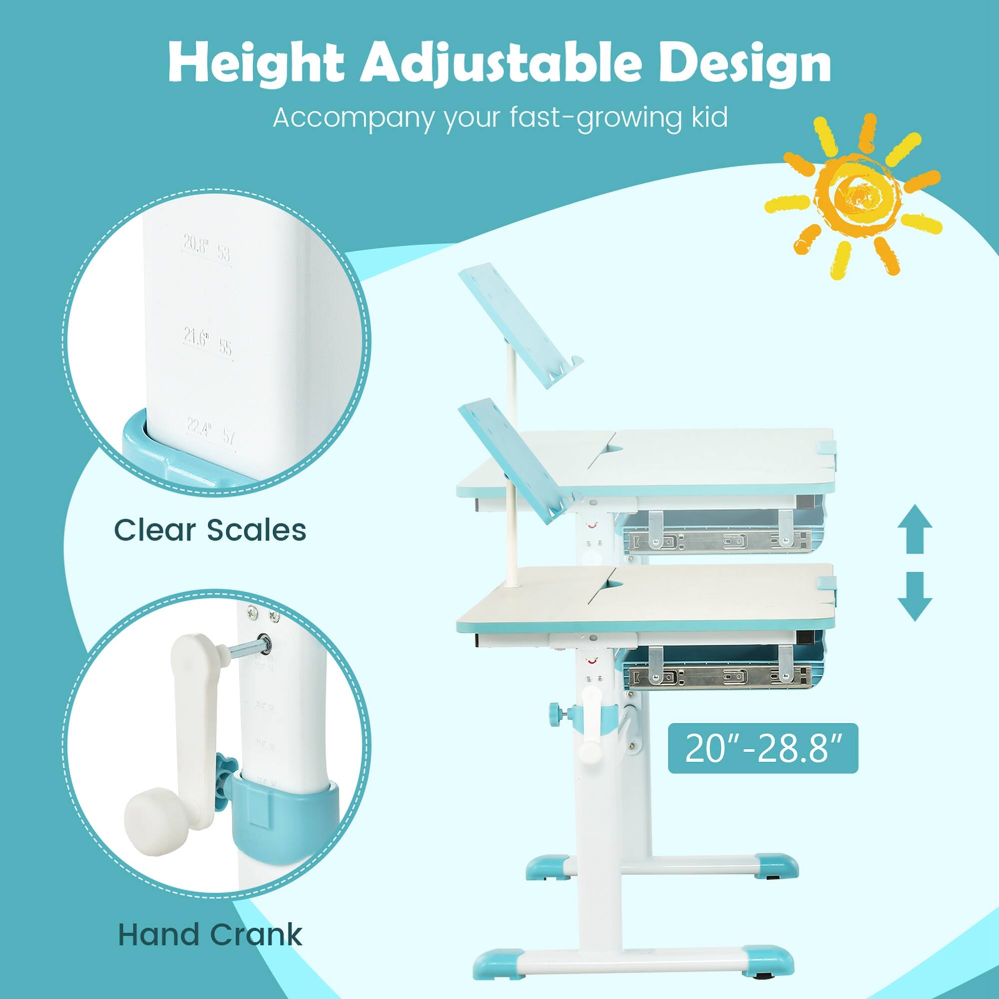 Height Adjustable Design  
Accompany your fast-growing kid  

Clear Scales  
20" - 28.8"  

Hand Crank