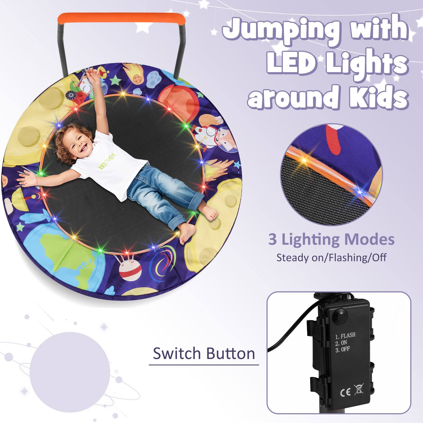 Jumping with LED Lights around Kids

3 Lighting Modes
Steady on/Flashing/Off

Switch Button

1. FLASH
2. ON
3. OFF

CE