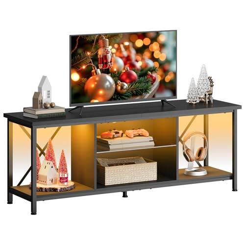 Front. Hirose Alice - Tv Stand Up To 65 Inch Entertainment Center Industrial Console With Open Storage Shelf For Living Room And Bed... - Black-55" with LED.