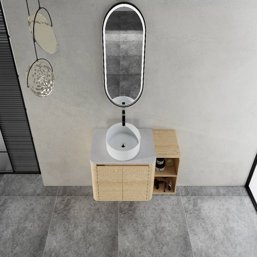 Alt View 2. Loheer - 42 inch wall mounted bathroom vanity with ceramic art sink, modern floating vanity with storage shelves - American White Oak.