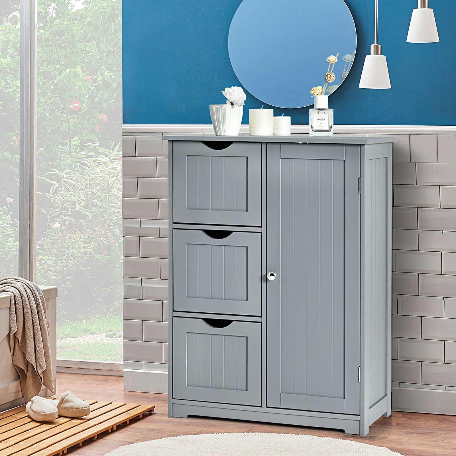 Alt View 9. Ecooso - Bathroom Floor Cabinet Side Storage Cabinet with 3 Drawers and 1 Cupboard - Gray.