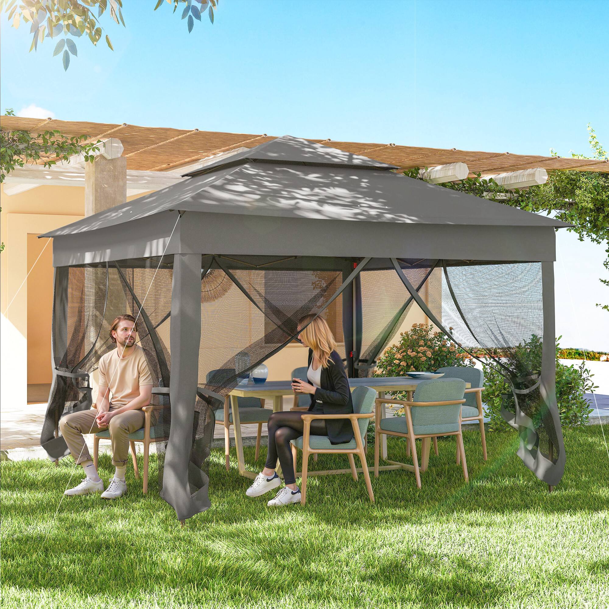 Alt View 7. Outsunny - Outdoor Patio Pop Up Canopy Gazebo Shelter with Zipper Netting, Carry Bag, 11' x 11' - Dark Gray.