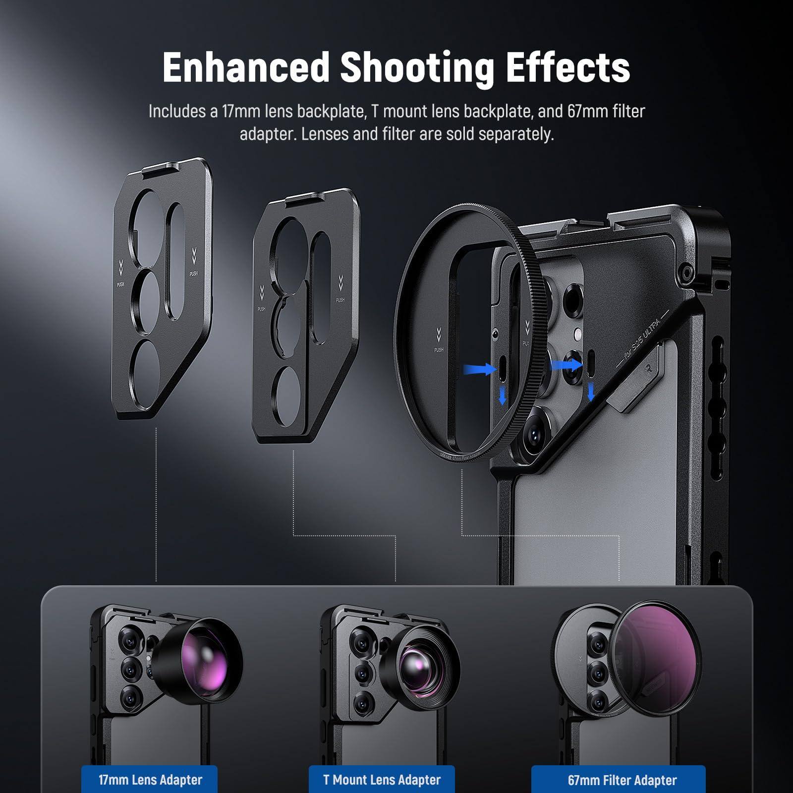 Enhanced Shooting Effects

Includes a 17mm lens backplate, T mount lens backplate, and 67mm filter adapter. Lenses and filter are sold separately.

- 17mm Lens Adapter
- T Mount Lens Adapter
- 67mm Filter Adapter