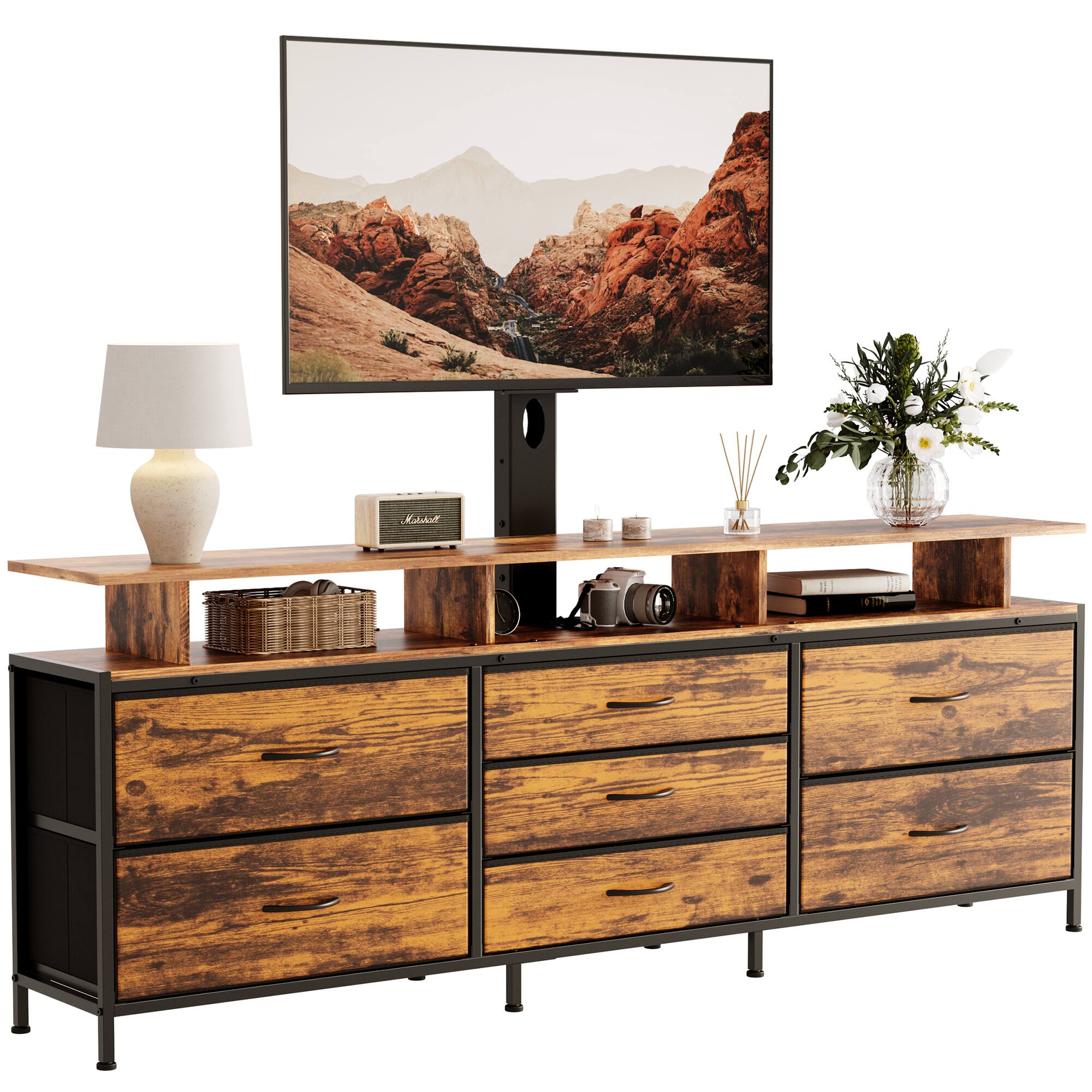 Alt View 2. HAUSOURCE - 63" Entertainment Center Media Console Table with 7 Drawers Height Adjustable Mount Dresser TV Stand, Brown - Brown.