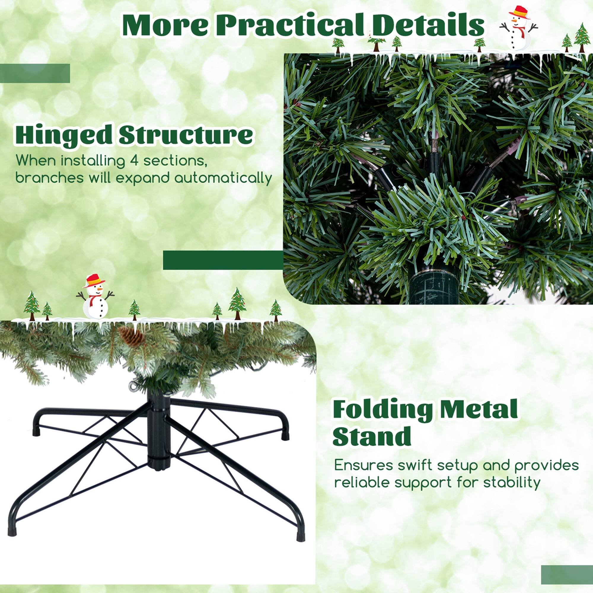 More Practical Details

Hinged Structure
When installing 4 sections, branches will expand automatically.

Folding Metal Stand
Ensures swift setup and provides reliable support for stability.