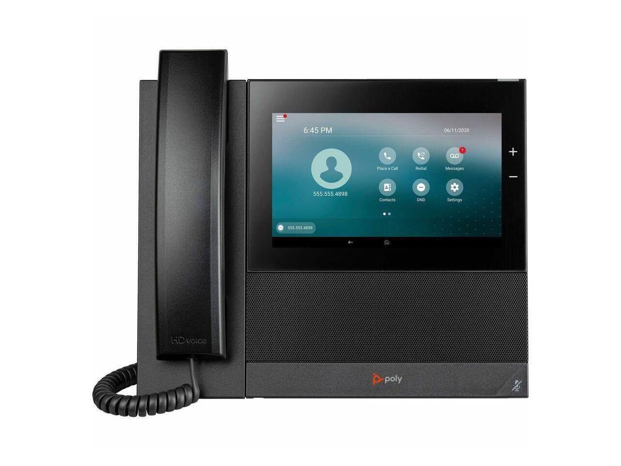 6:45 PM  
06/11/2020  

Place a Call  
555.555.4898  

Contacts  
DND  

Messages  
555.555.4898  

Settings  

HDvoice  
poly