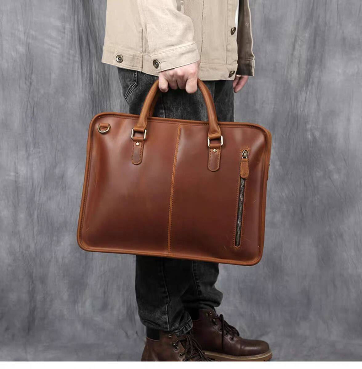 Back. Steel Horse Leather - The Hemming Leather Laptop Bag | Vintage Leather Briefcase - Brown.