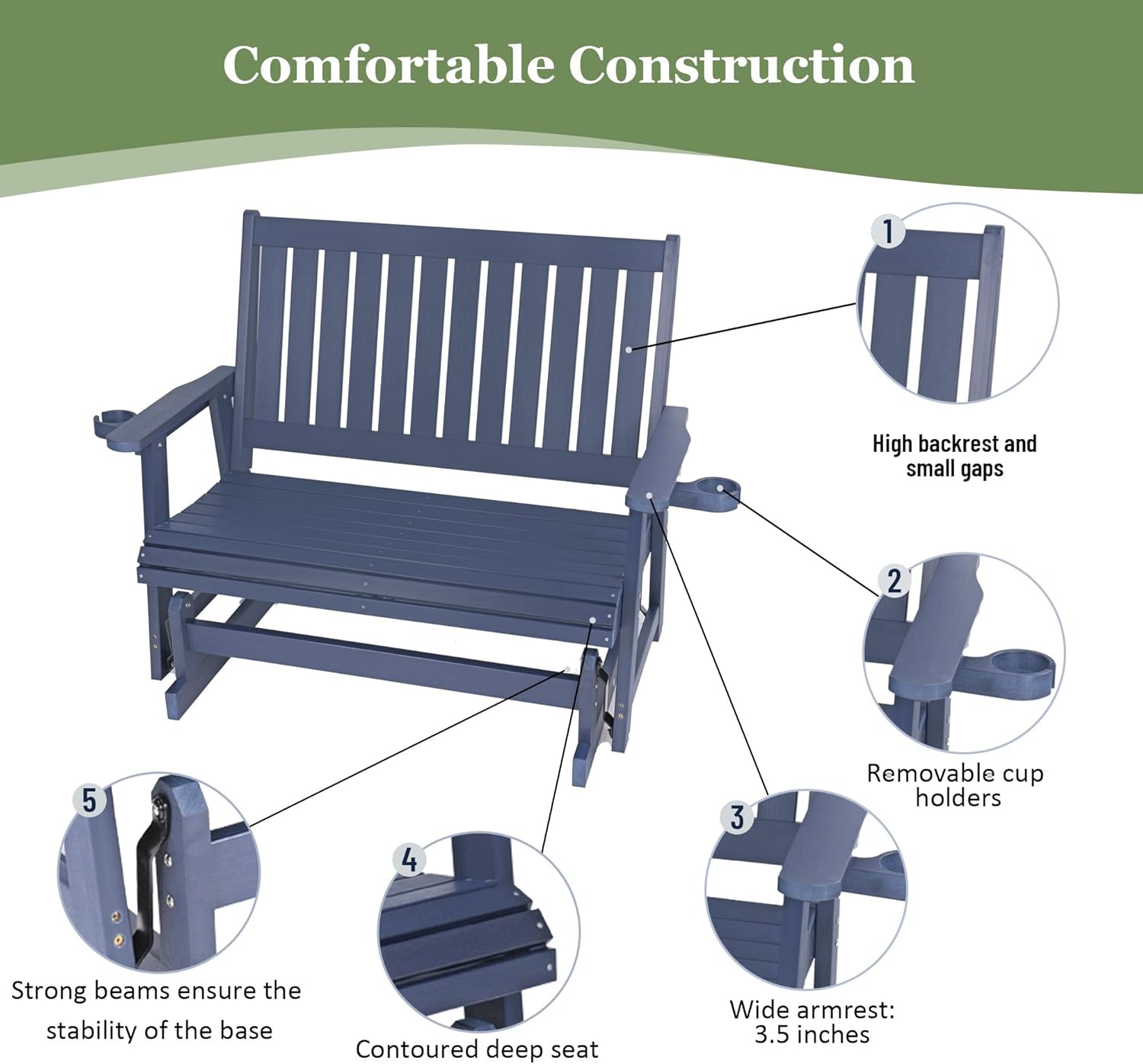 Comfortable Construction

1. High backrest and small gaps
2. Removable cup holders
3. Wide armrest: 3.5 inches
4. Contoured deep seat
5. Strong beams ensure the stability of the base