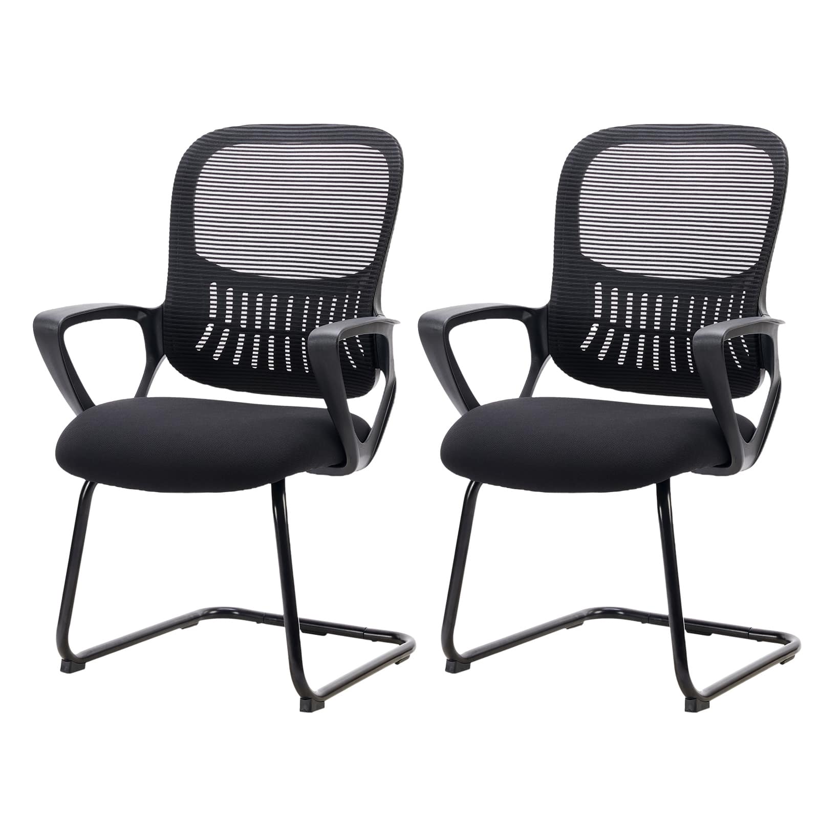 Spaco - Sled Base Office Chair No Wheels, Ergonomic Executive Mesh with Lumbar Support and Padded Armrests - Black-2PCS