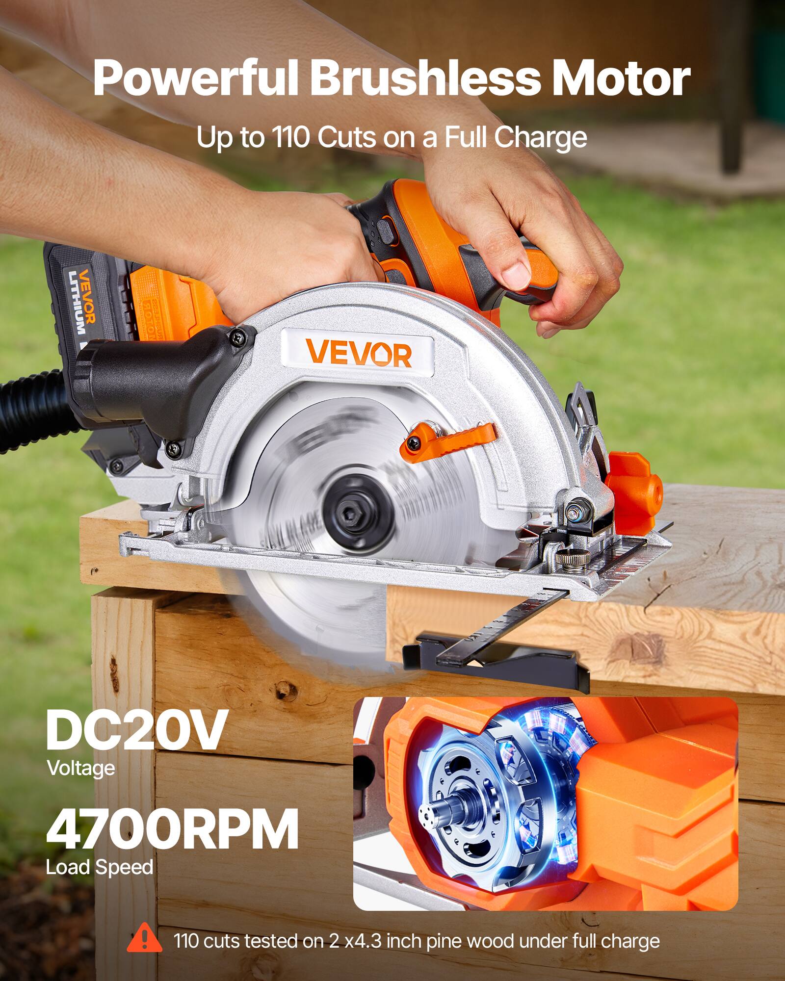 Powerful Brushless Motor  
Up to 110 Cuts on a Full Charge  

LITHIUM VEVOR | VEVOR  
DC20V Voltage  
4700RPM Load Speed  

110 cuts tested on 2 x 4.3 inch pine wood under full charge