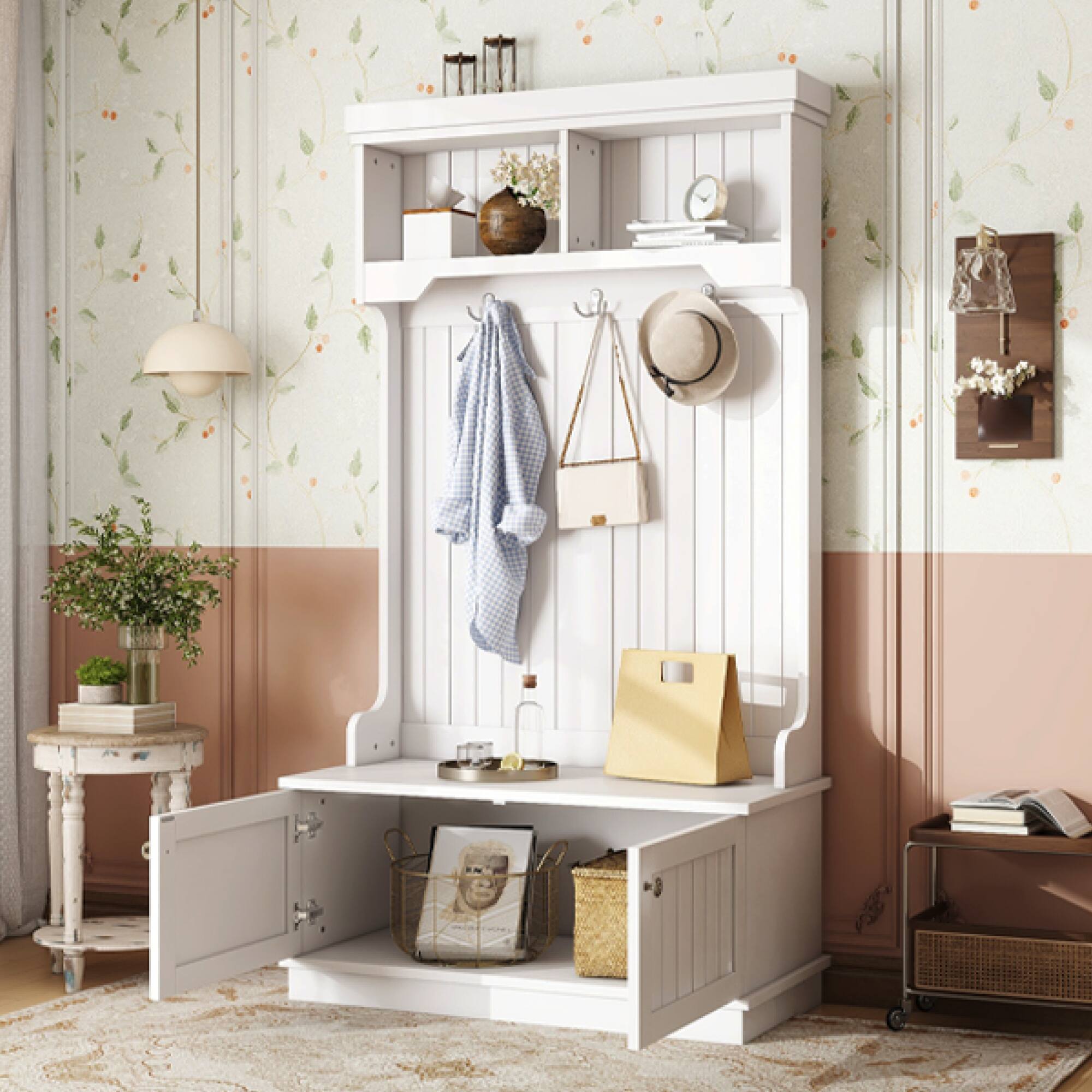 Alt View 9. GOODSILO - Multifunctional Entryway Hall Tree with Coat Racks Shoe Bench Storage Cabinet and Display Shelf - White.